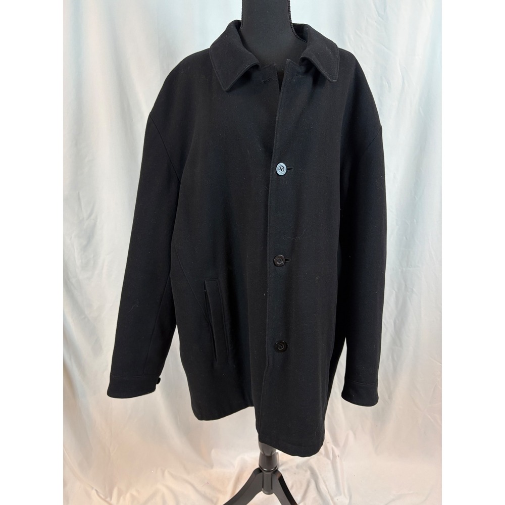 Vintage 100% Wool Black Car Coat Quilted Lining Heavyweight Overcoat RN 94463